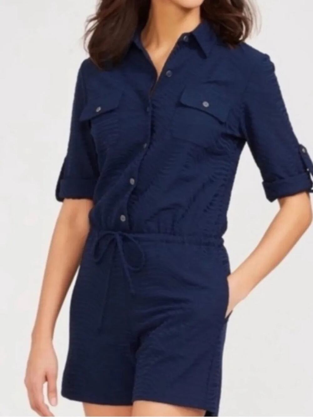 J McLaughlin Westport Textured Navy Raffia Jaquard Romper XL